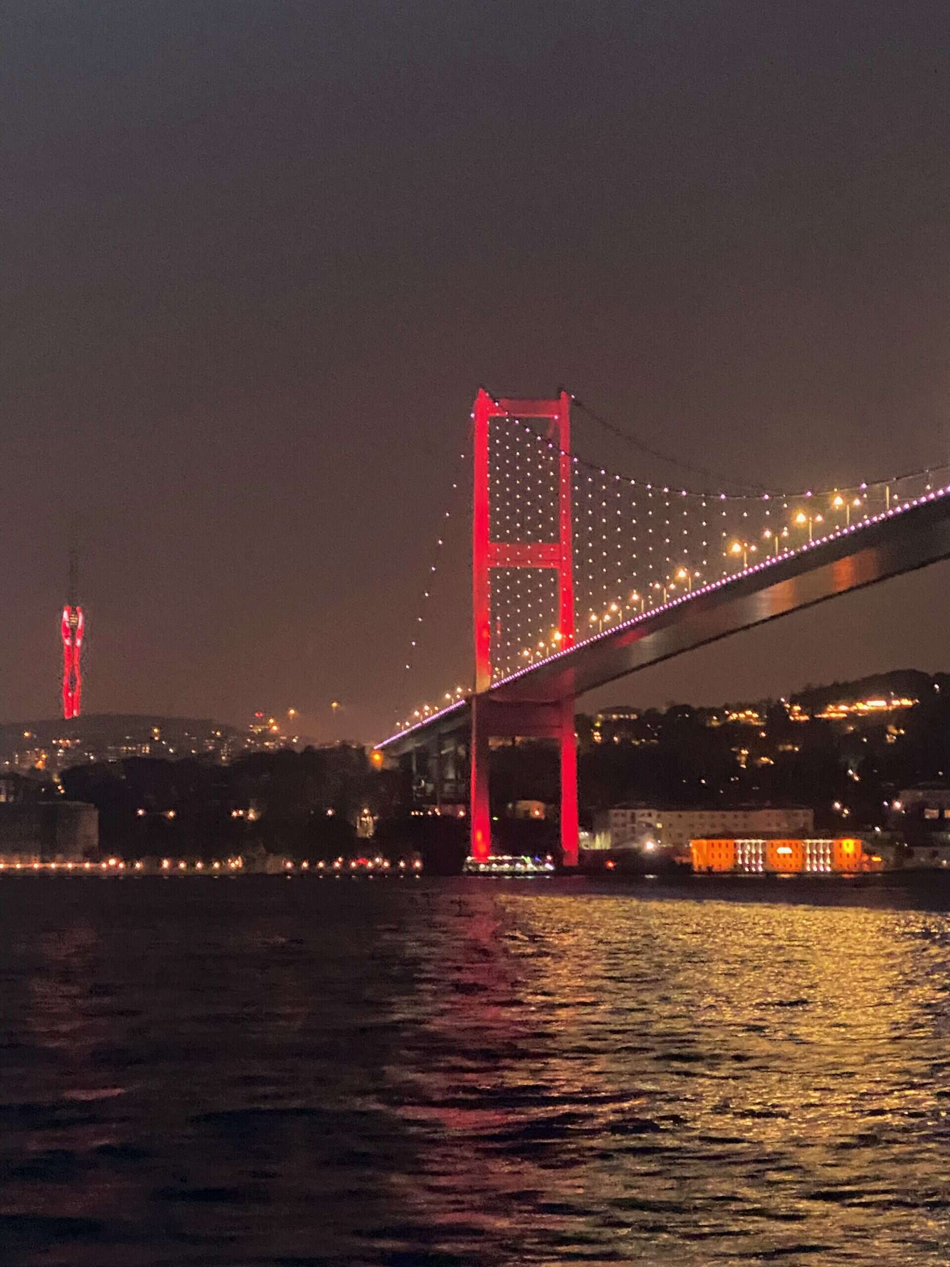 Bosphorus Bridge lit up at night. 