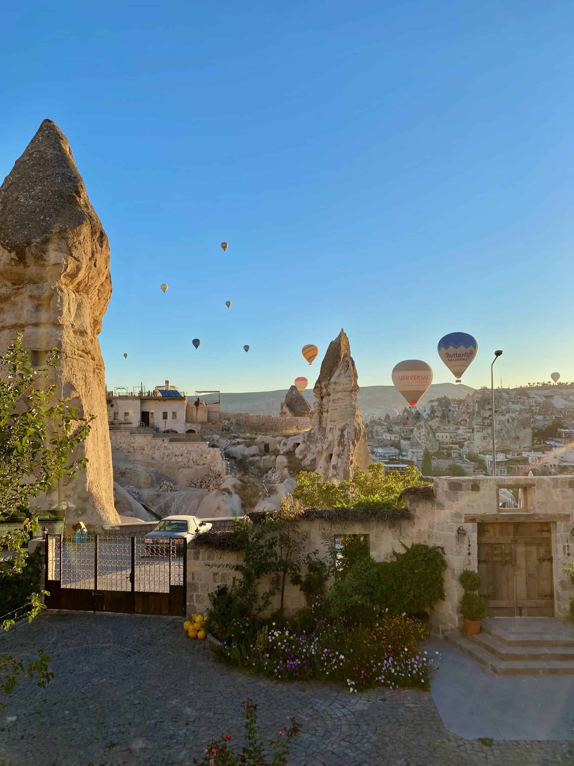 View of balloons over the valley from a hotel in Göreme