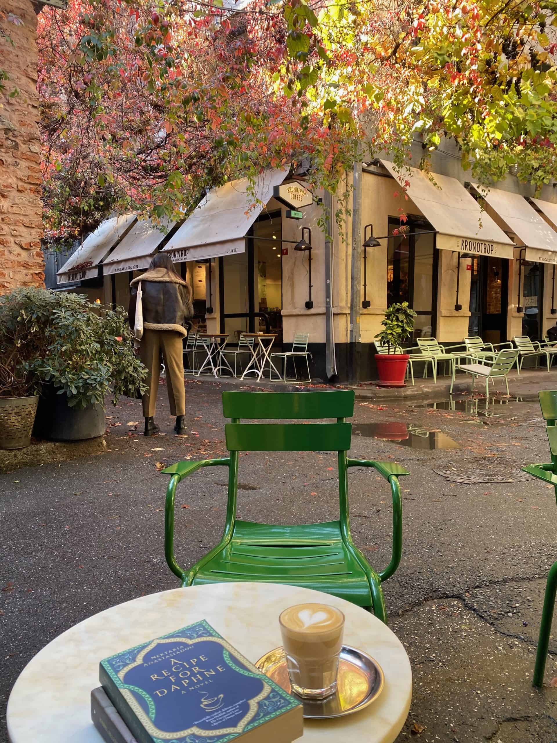Coffee and a book on a popular cafe street in Istanbul