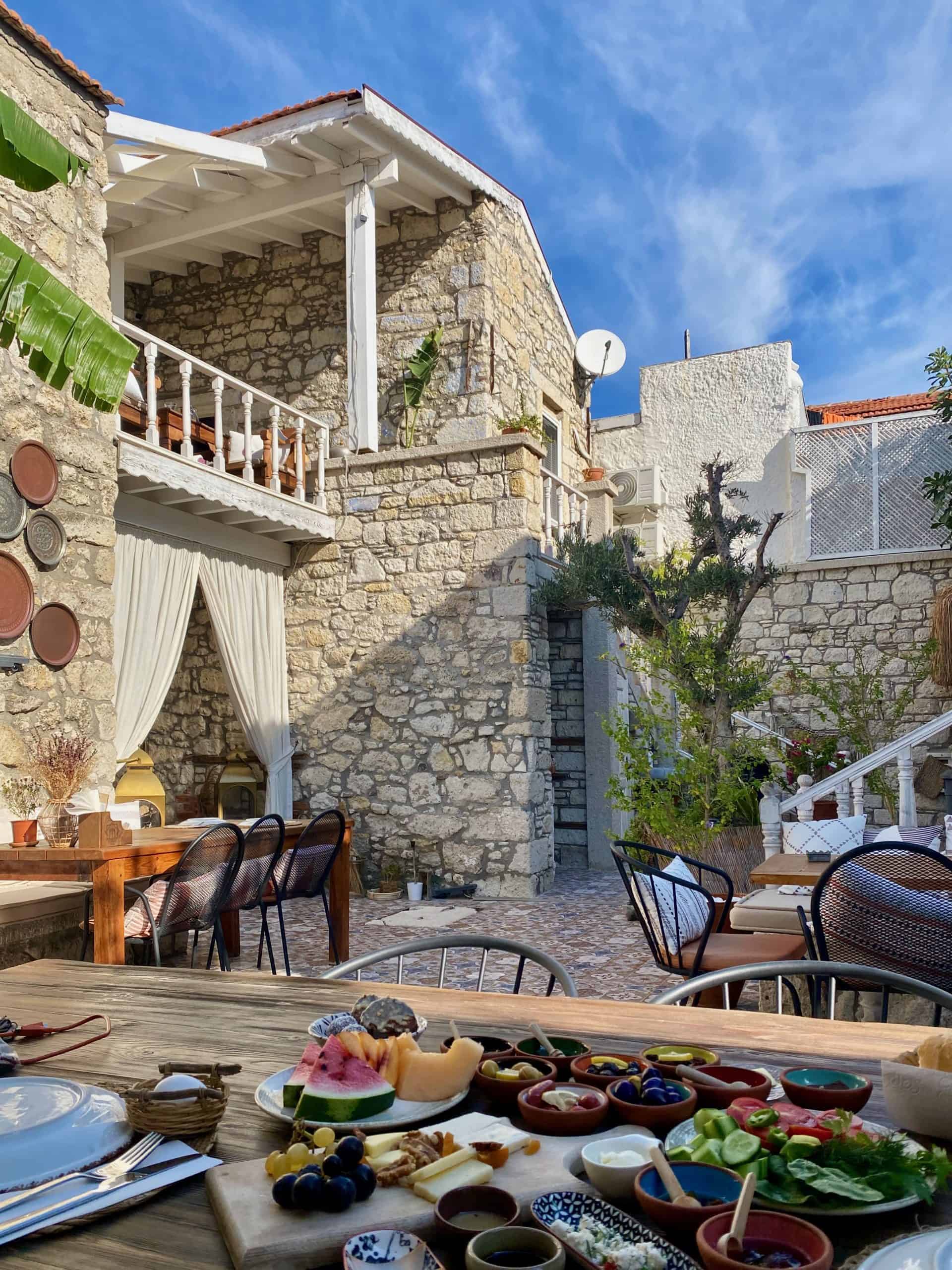 Turkish breakfast at a boutique hotel in Alacati old town turkey