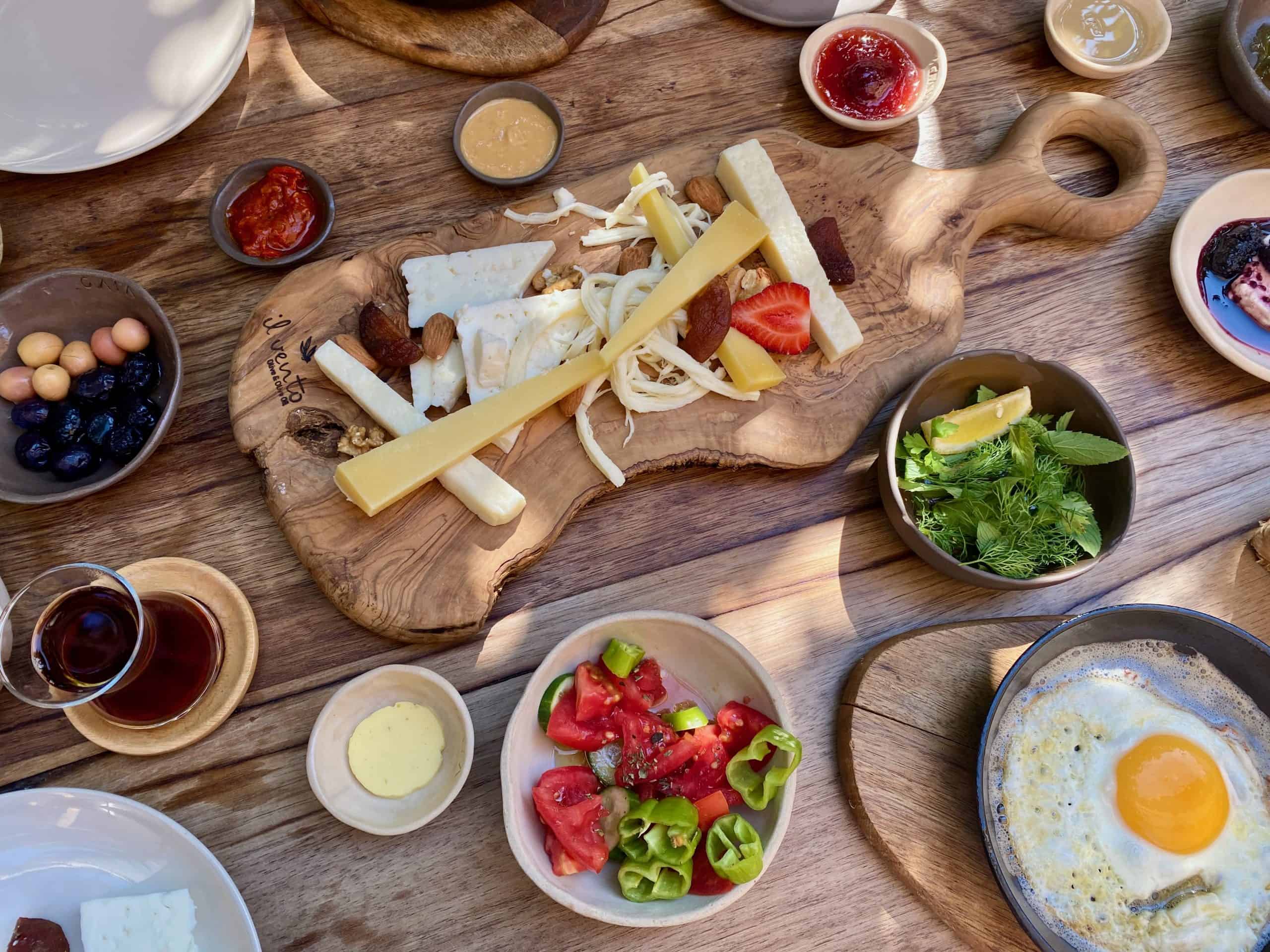 Turkish breakfast spread in Alacati old town Turkey