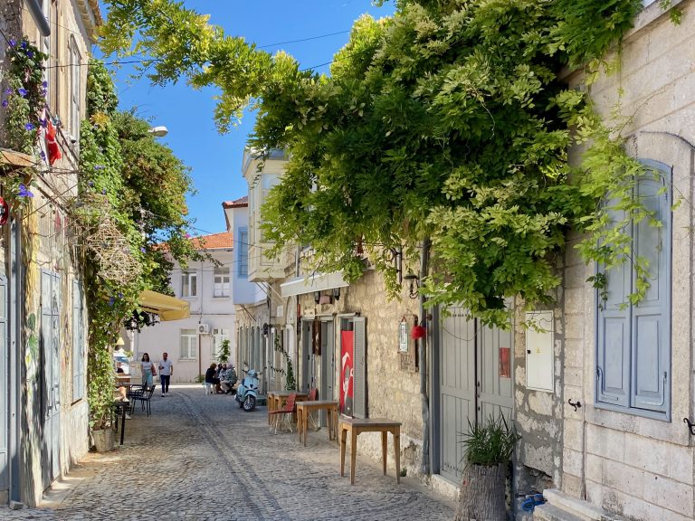 View of the a street in Alacati old town turkey