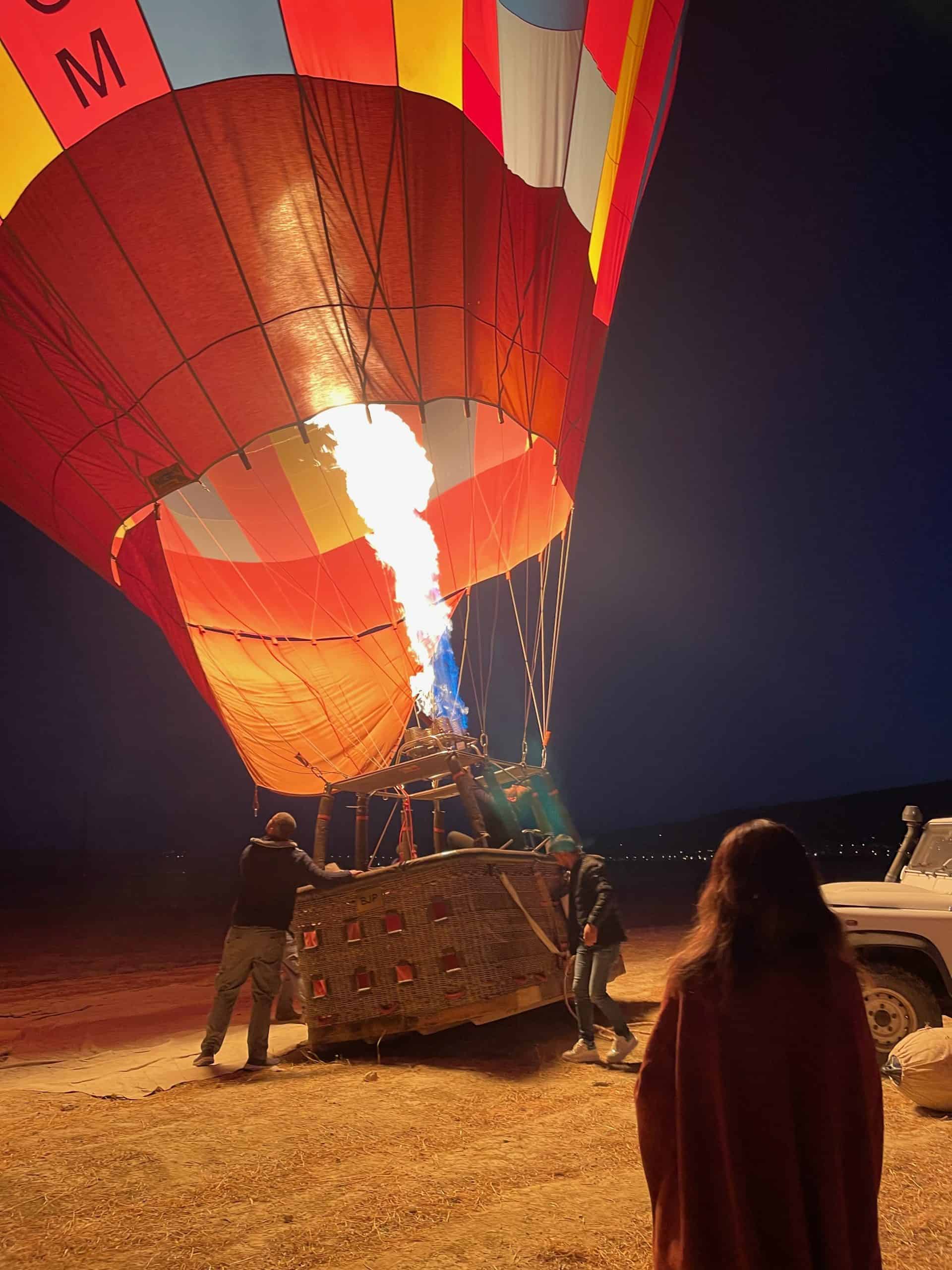 Hot air balloon being prepared for take off in Cappadocia.