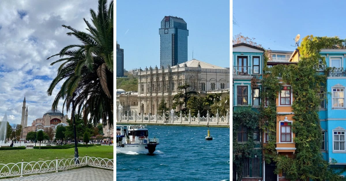 Image of the Hagia Sophia, Dolmabahce and the colorful houses of Balat.