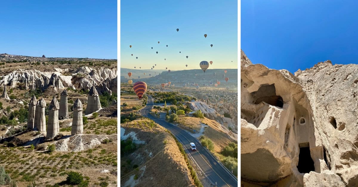 Photo collage of Love Valley, hot air baloons flying over Cappadocia and Selim Monastery.