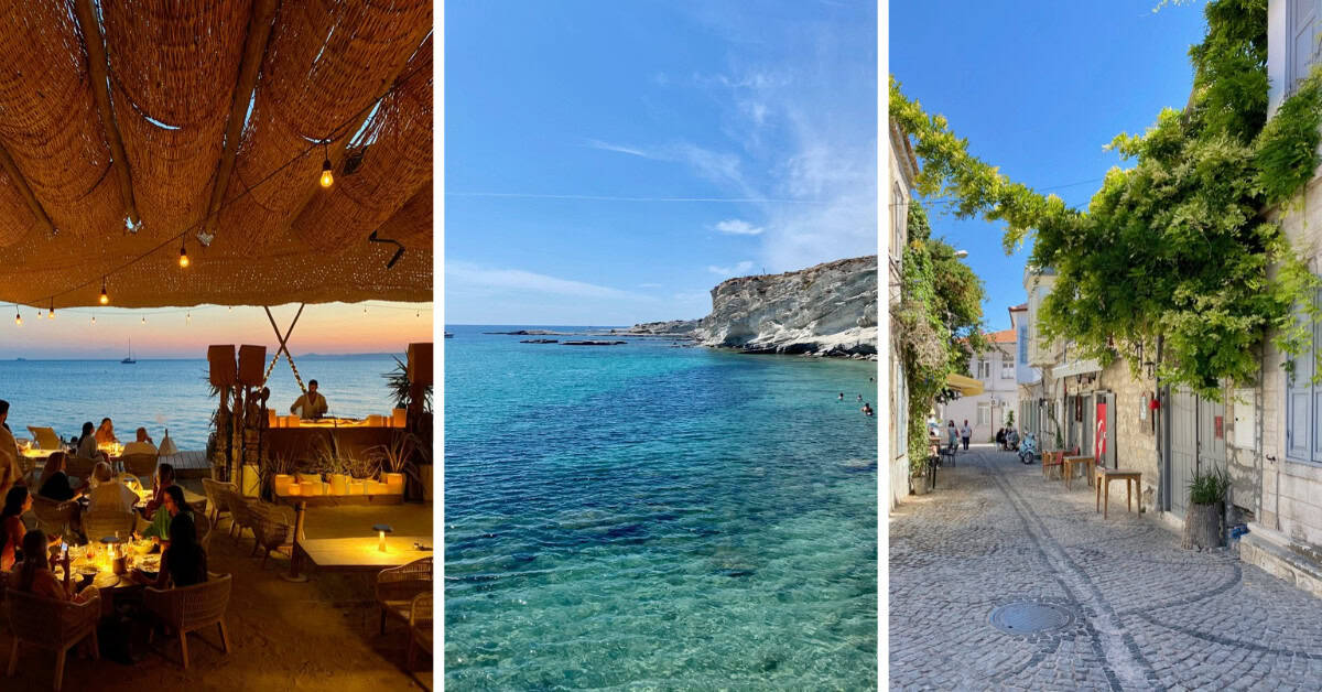 Photo collage of Before Sunset beach club, Delikli Koy and old town Alacati.