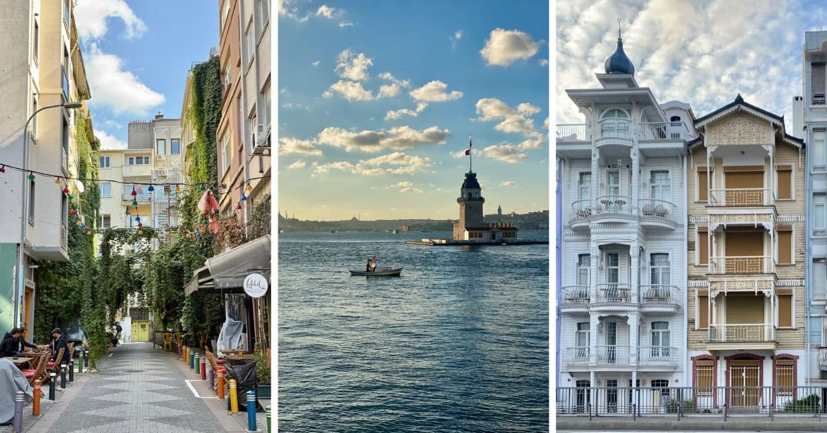 Photo collage of a street in Kadikoy, the Maiden's Tower and the colorful houses of Arnavutkoy for a two week Turkey itinerary.