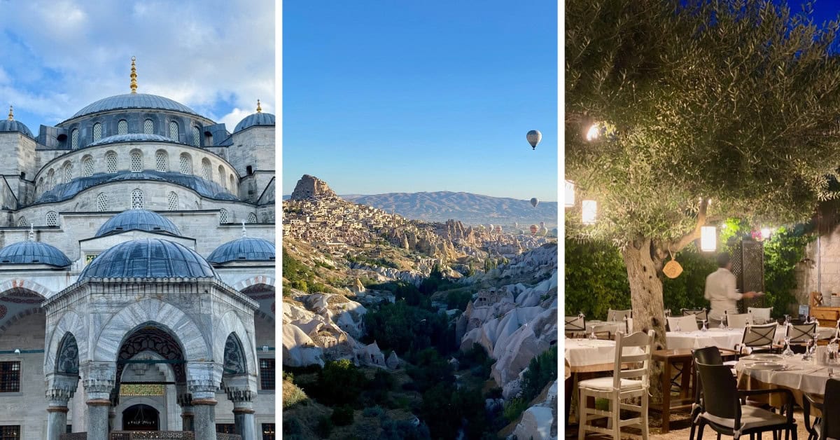 Photo collage of Suleymaniye Mosque, the landscape of Cappadocia, and an restaurant courtyard on an evening in Alacati for a two week Turkey itinerary.