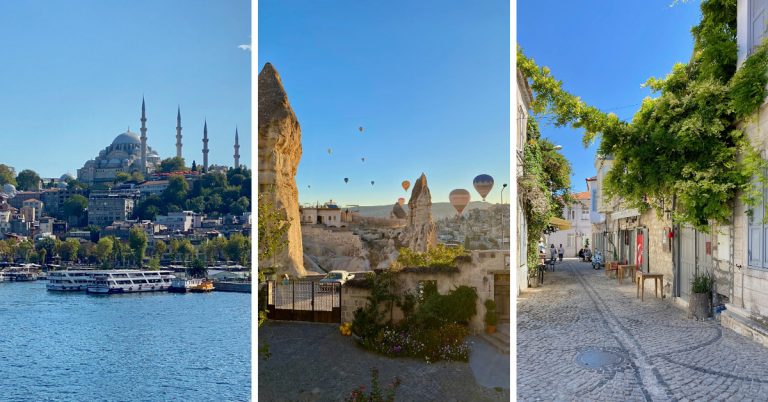Side by side images of Istanbul, Cappadocia and Alacati, all a part of the ideal two week Turkey itinerary.